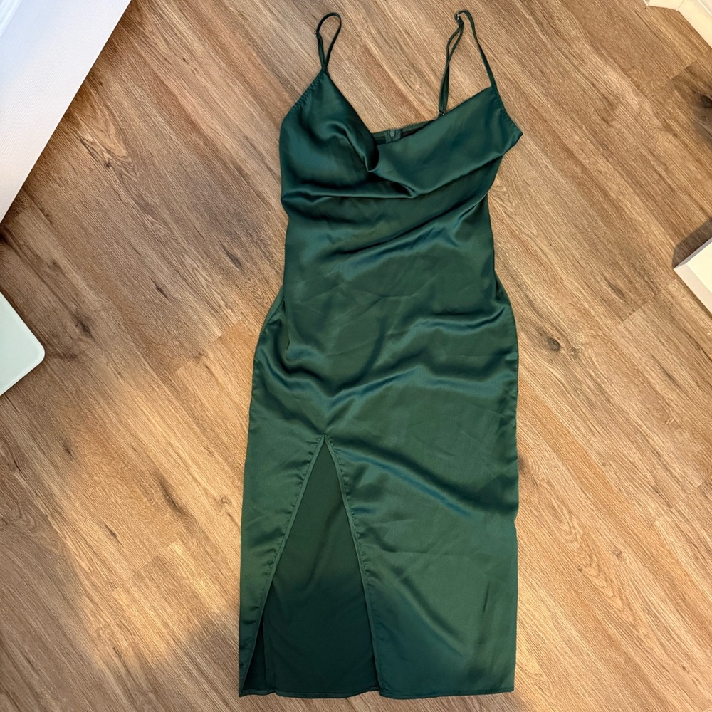 Green Satin Cowl Neck Midi Dress